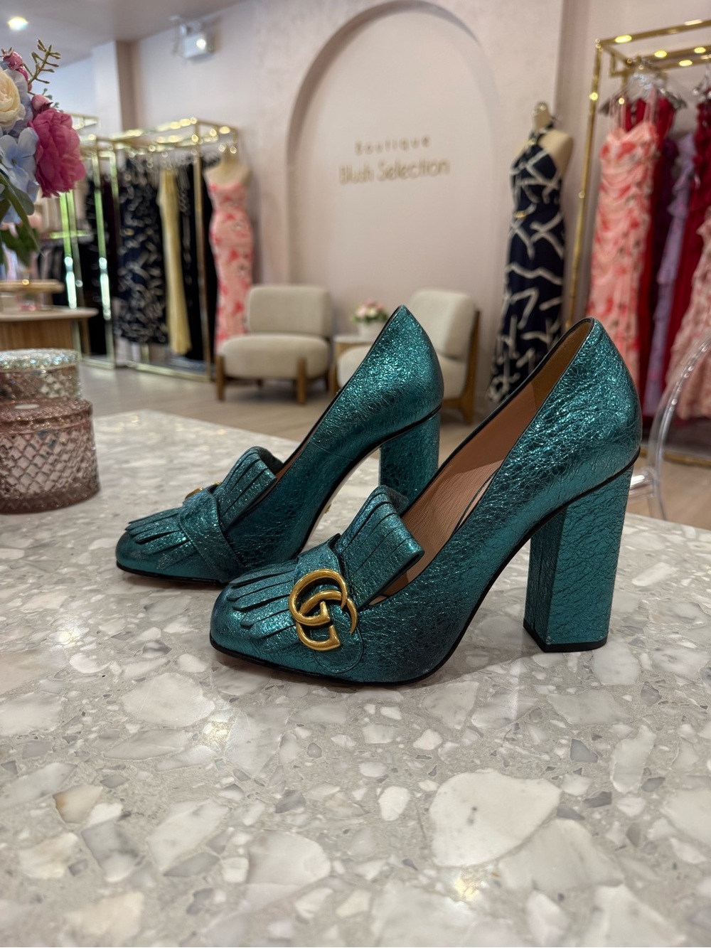 Gucci Mimosa Maramont MetallicTeal Turquoise Metallic Fringe Block Heel Pumps 39
